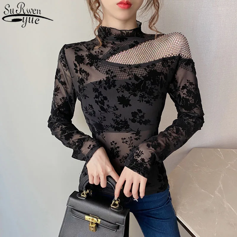 

Slim Half High Collar Temperament Bottom Shirt Mesh Off Shoulder Chiffon Blouse Women Printed Long Sleeve Shirt Blusa 13086