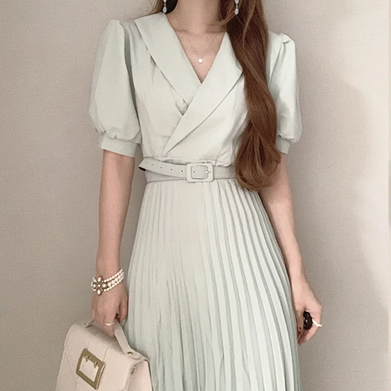 

Slim Foam Sleeve Pleated Dress with Belt Korean Chic Summer Dress French Dress Style Suit Collar Lace Up Waist