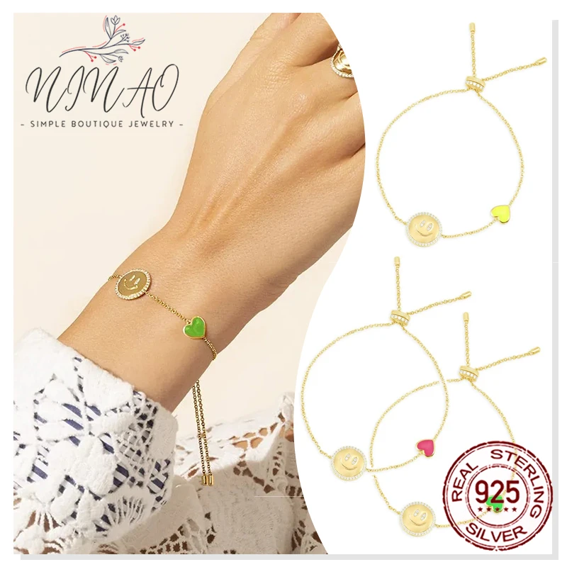 

925 Sterling Silver Zircon Smiley Bracelet Three Colors Adjustable Simple Ladies Luxury Fashion Ins Style Party High Quality