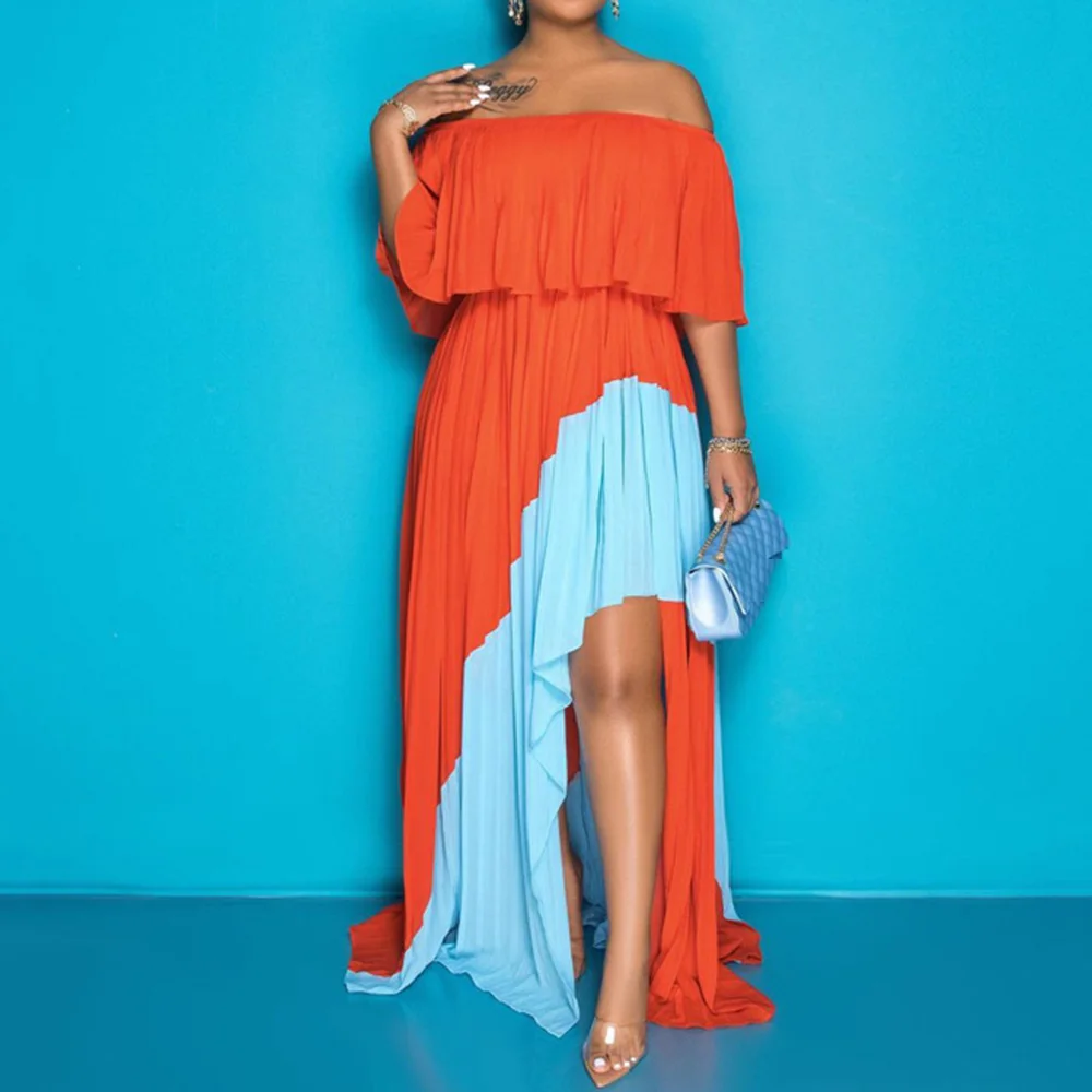

Long Dresses 2021 Women Fashion Off-the-Shoulder Sexy 3/4 Sleeve Pleated Office Lady Color Block Patchwork Asymmetric Maxi Dress