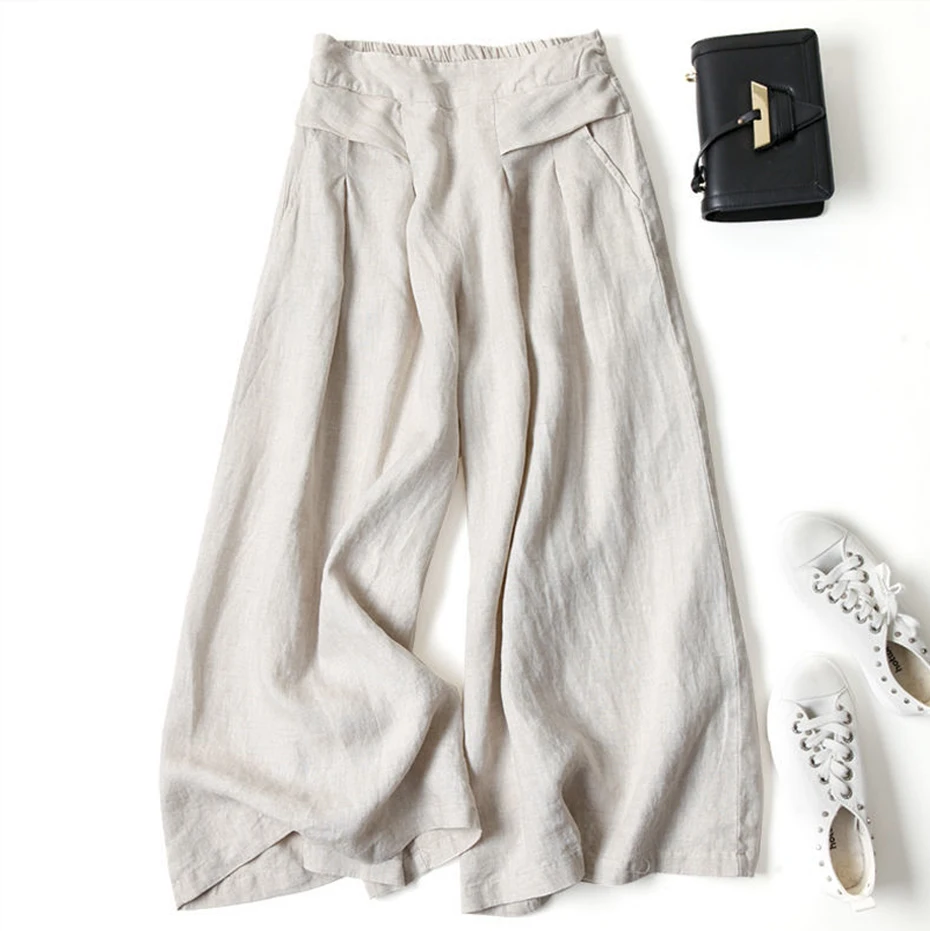 2021 Summer Women Aesthetic Style  Elastic Waist Solid Pants All-matched Casual  Wide Leg Cotton Linen Loose Pantalon RZBY260 sweatpants