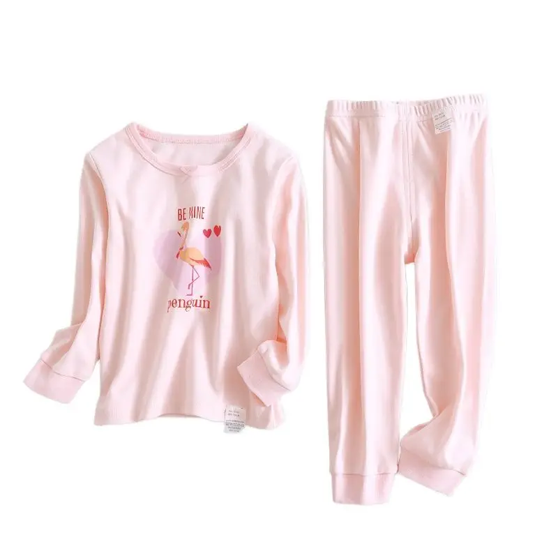 

Children Girls Long Johns Autumn Long Sleeve Pajamas Set Cotton Pink Cartoon Flamingo Kids Sleepwear 2-10Y Thermal Underwear