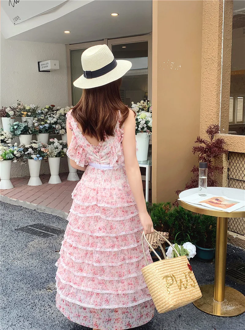 

Vintage Dress Women Pink Printed Spaghetti Strap Party Vacation Dress 2021 Vestidos Sweet Cascading Ruffles Cake Dresses