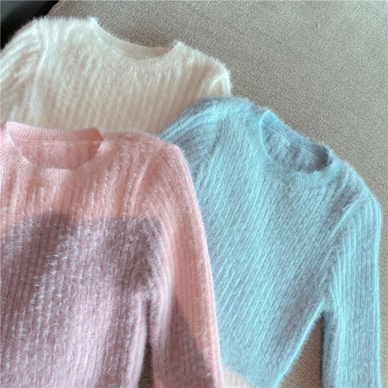 

2021 Autumn and Winter New Fashion Round Collar Plush Knitted Top Women Sweet Solid Color Short Sweaters Sweet Knitwear