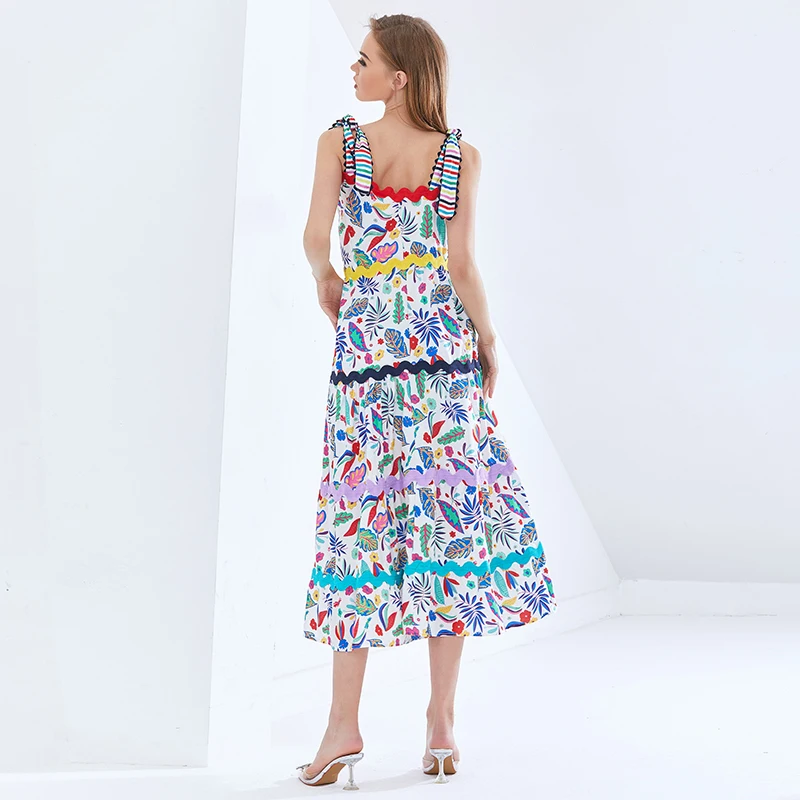 

VGH Print Hit Color Dresses For Female Square Collar Sleeveless High Waist Slimming Ruched Women's Elegant Dress Fashion New