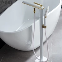 white and gold floor mounted bathtub faucet freestanding tub mixer crane with handshower floor mounted claw foot