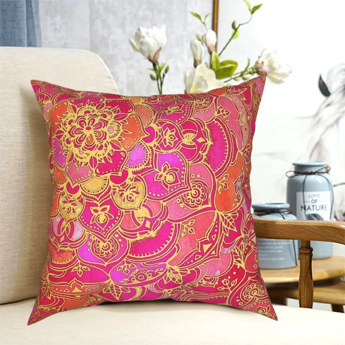 

Hot Pink And Gold Baroque Floral Square Pillowcase Polyester Printed Decorative Throw Pillow Case for Home Cushion Cover 45x45