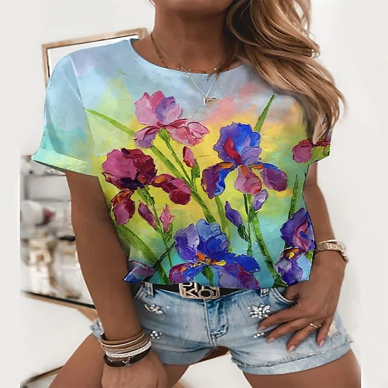 

Summer New Fashion Women's T-Shirt Colorful Floral Print Top Women 3D Printing Abstract Pattern Short Sleeves