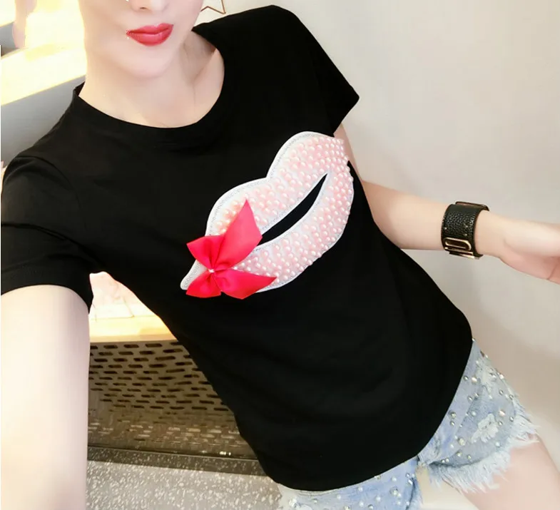Plus Size Tee Nail-beaded Lip-print Bow-tie T-shirt with Round Collar Loose Korean Tshirt Girl Lady New Summer Shirt Shirts Tops | Женская