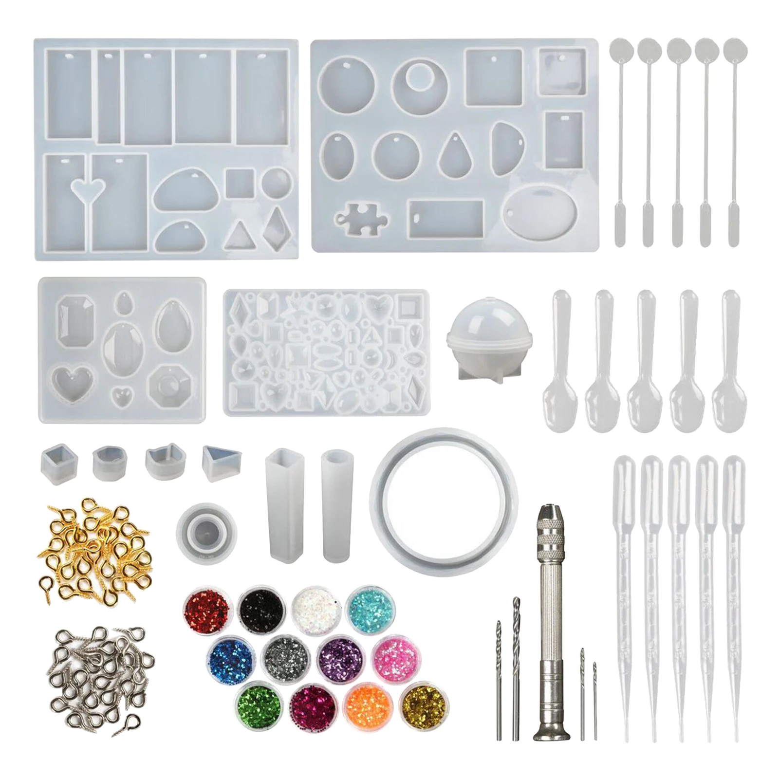 

142pcs Epoxy Resin Silicone Casting Molds Kits Tools with 10 PCS Silicone Resin Molds, Glitter Powder, Eye Pins, Drills