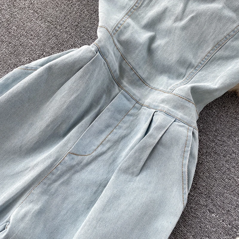 Женский джинсовый комбинезон повседневный однотонный Облегающий без рукавов