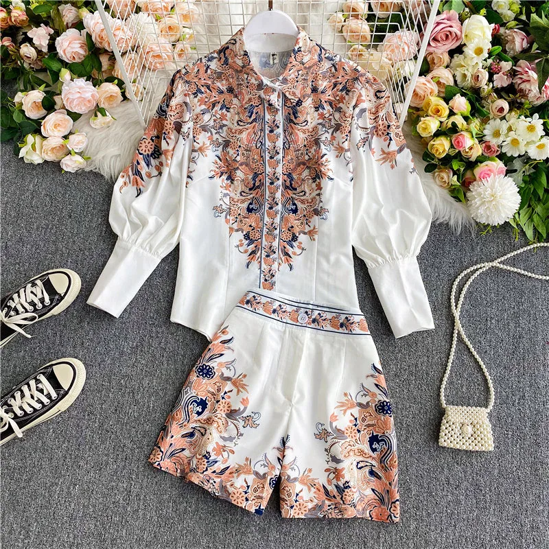 

Women Shorts Suits Set Long Puff Sleeve Single-breasted Shirt & Wide-leg Shorts 2pcs Set Ladies Fashion Fall Sets