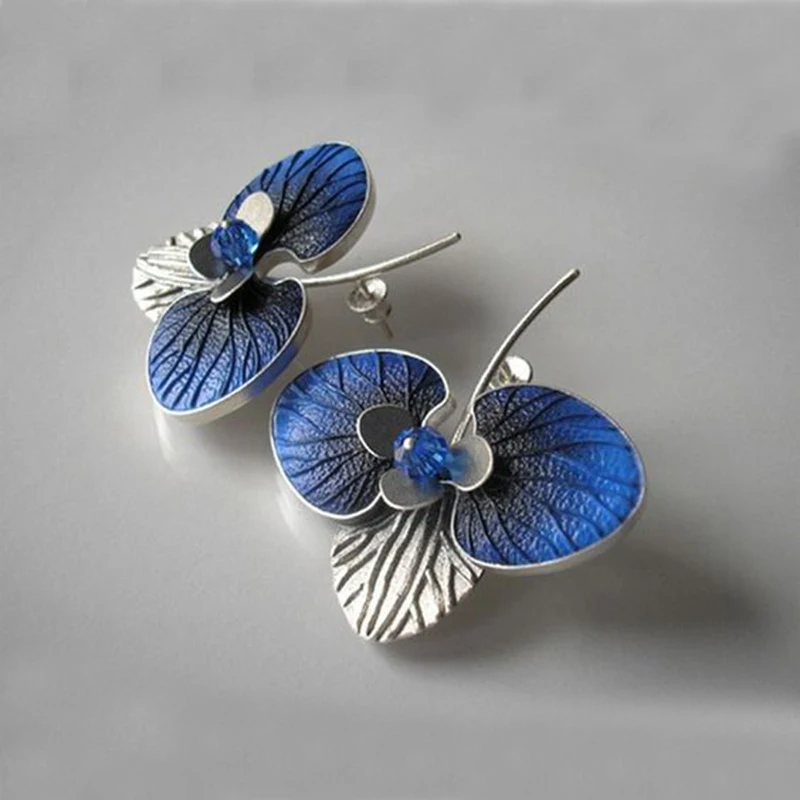 

Vintage Blue Acrylic Beads Women Earrings Statement Wedding Jewelry Fashion Retro Dripping Oil Leaf Flower Stud Earrings