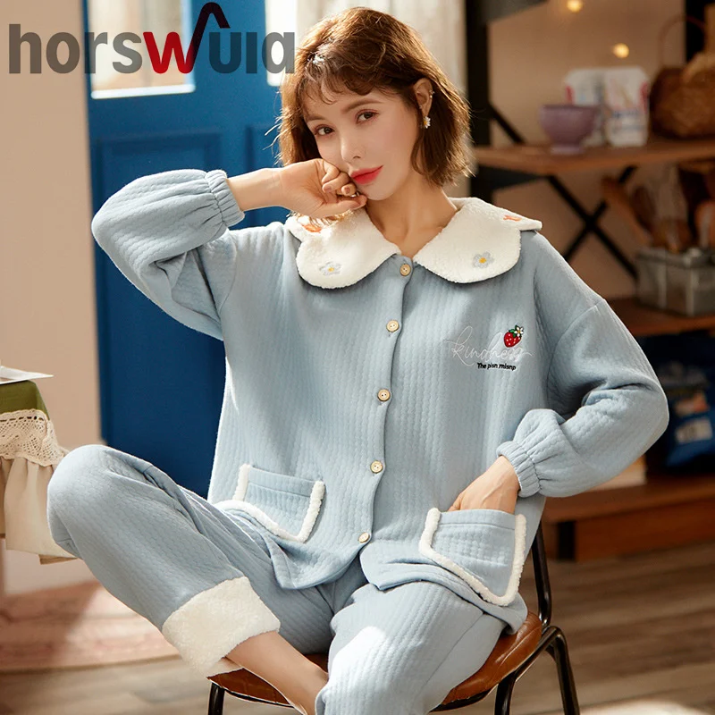horswula Pajamas Fashion Home Clothes Thickened Long Sleeve Sleepwear Women's Cotton Two Peice Sets Winter Female Trouser Suits