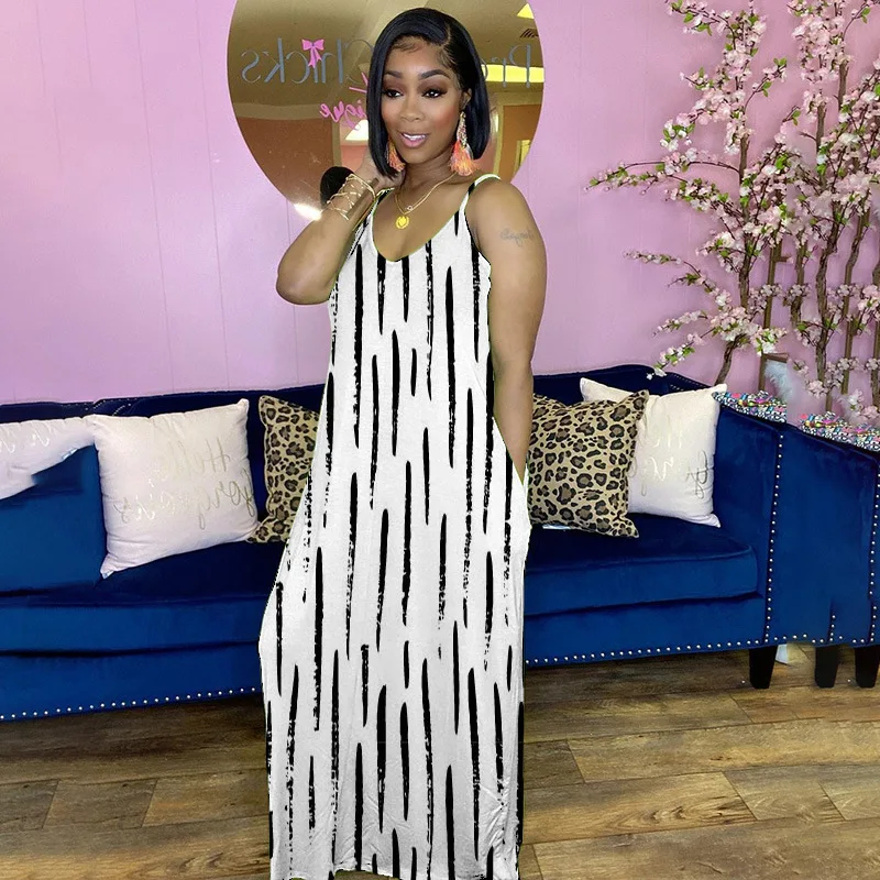 

Chocomist Dresses Casual Loose Striped Print Strap Women Maxi Dress