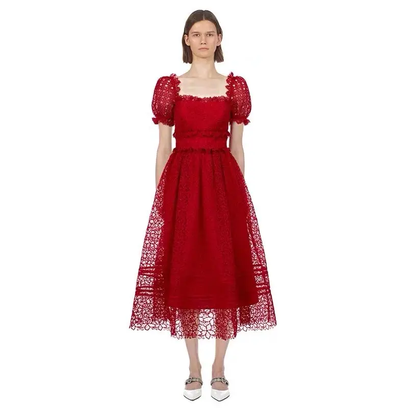 High-end Design Women Fashion Slash Neck Red Lace Long Dress 2020 Newest Summer Self-Portrait Ladies Puff Sleeve Runway Dresses | Женская