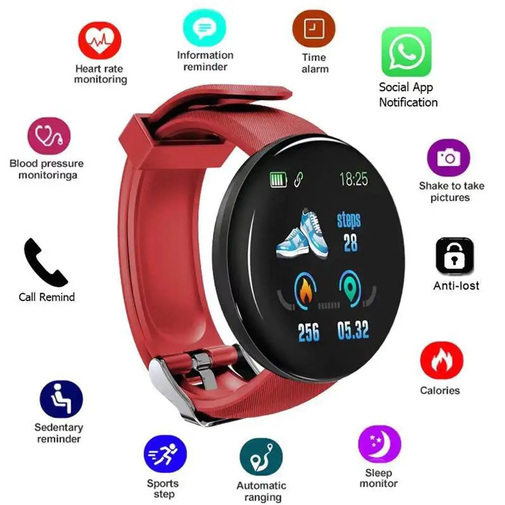 

D18 Fitness Sports Smart Watch Men Women Smartband Heart Rate Blood Pressure Monitor Alarm Clock Listen Music Smartwatch android