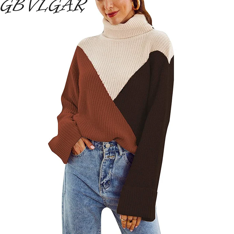 

Winter Turtleneck Long Sleeve Pullover Woman Sweater Harajuku Patchwork Sweaters Women Knitted High Fashion Female Loose Jumper