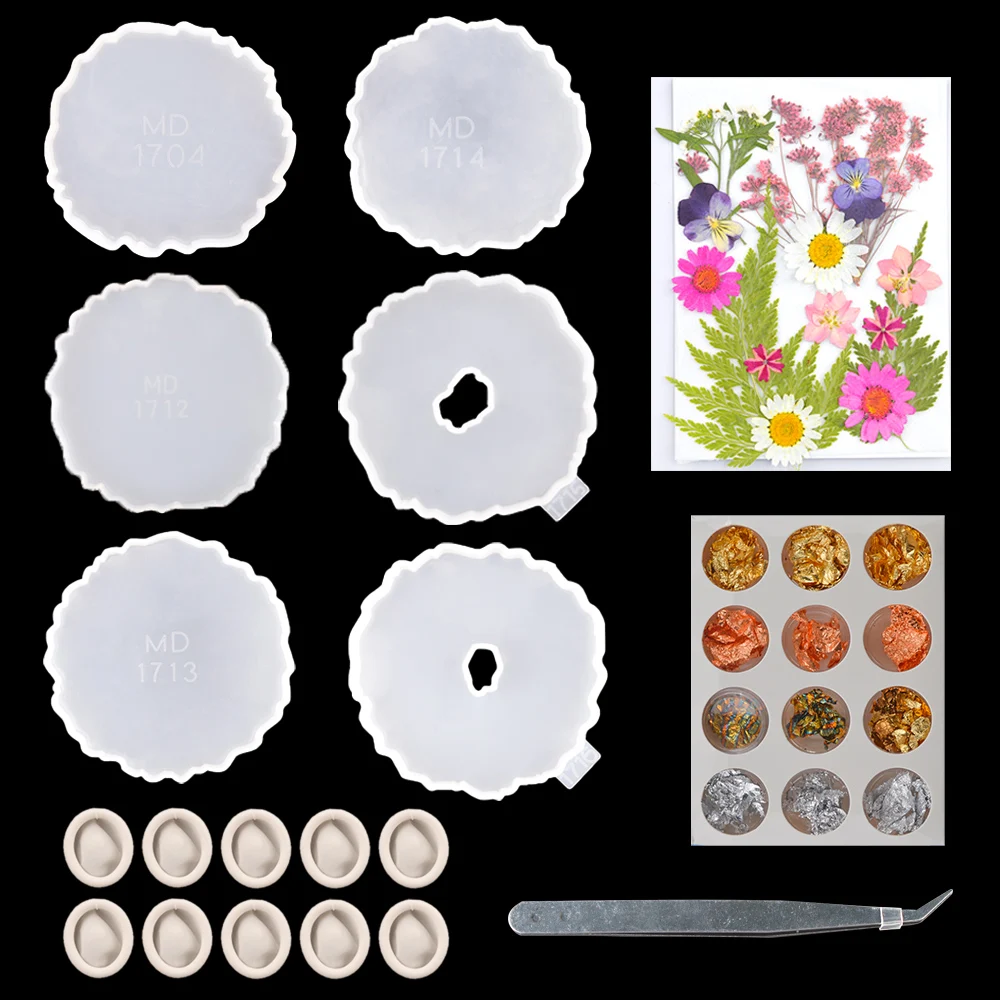 20 PCS Coaster Molde Silicona Set Cup Mat Tray Moule Silicone Resine Epoxy With Dried Flowers Tweezers Gold Foils UV Resin Kit