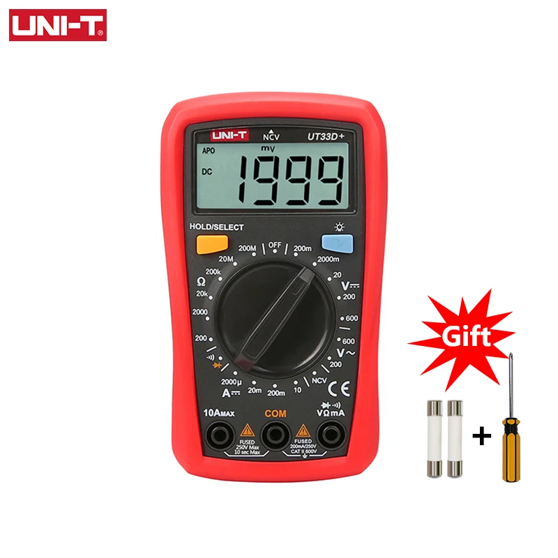 UNI-T UT33D+ мини цифровой мультиметр 600 в NCV размер ладони ручной диапазон Вольтметр переменного тока постоянного тока Амперметр тестер сопротивления