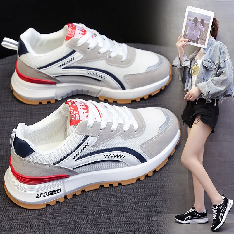 

High Outsole Sneakers Women PU Sport White Shoes Breathable Mesh Running Shoes Girl Spring Walking Shoes for Outdoor Travel