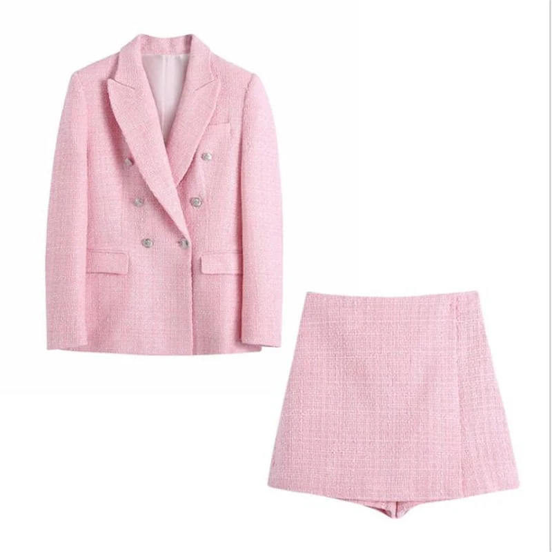 

Women Fashion Double Breasted Tweed Blazer Coat Vintage Long Sleeve Pockets Female Outerwear Chic Veste Femme