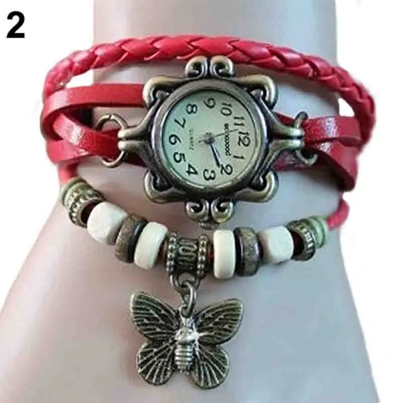 Женские кожаные часы в стиле ретро 6 цветов женские с украшением виде бабочки