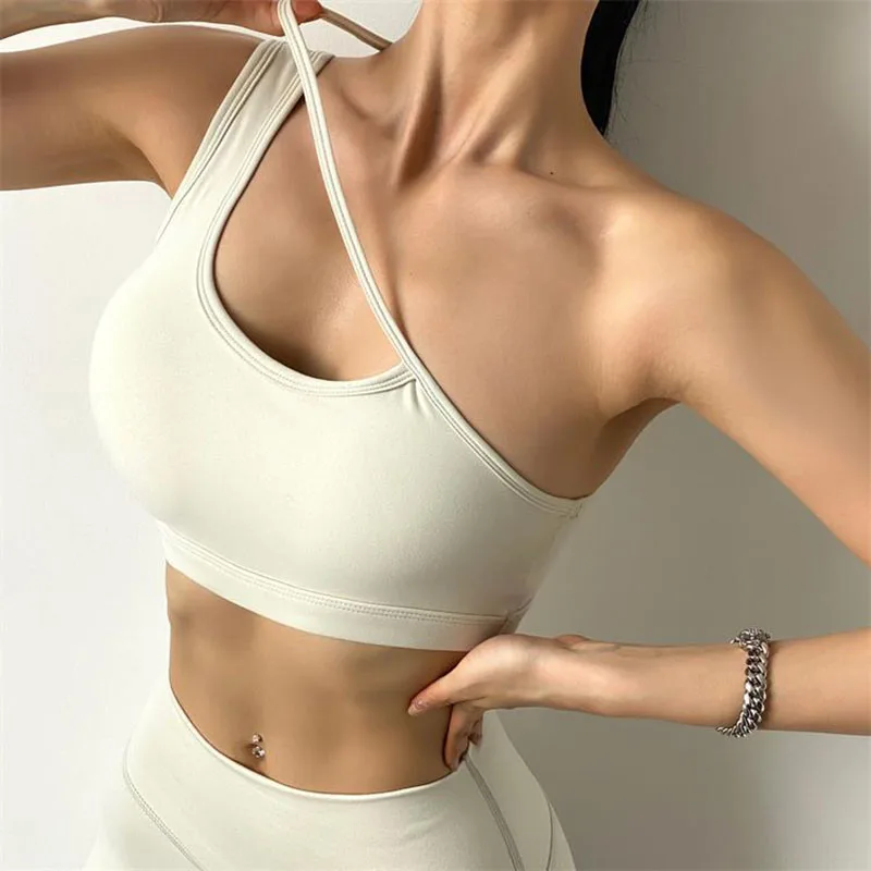 

NORMOV Sexy Oblique Shoulder Bras Women Black Gather Elastic Push Up Hollow Bra Fitness Woman Slim Workout Bra Tops Female