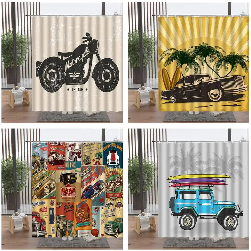 retro vintage car shower curtain motorcycle coconut tree surfboard travel bathroom accessories set with hook bathtub decor cheap free global shipping