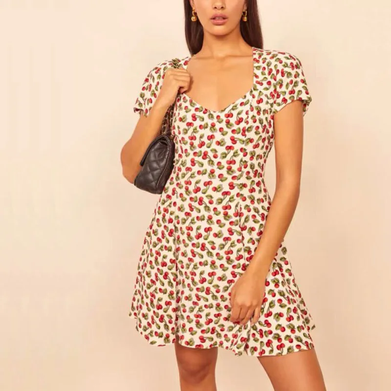 

Summer women's dress casual flower print bow decoration slim dress Vestidos