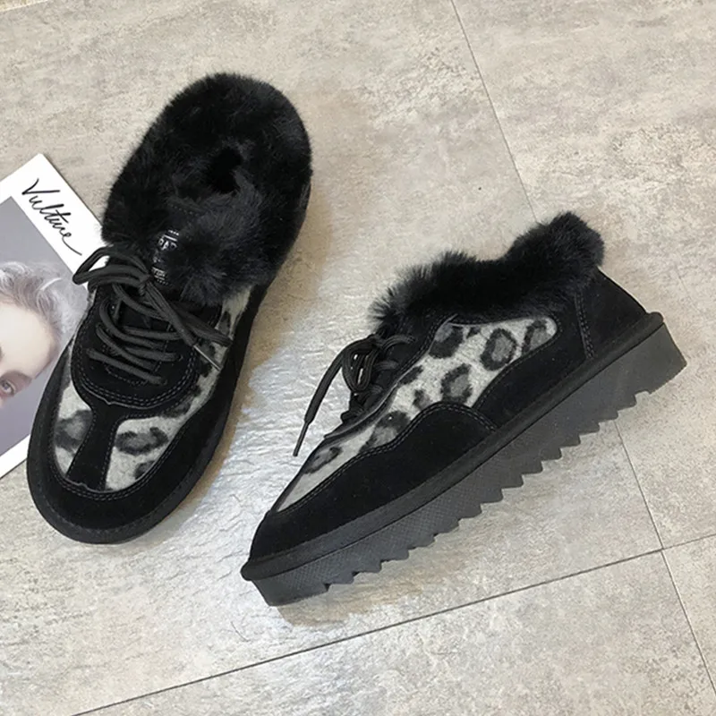 Обувь Женская замшевая плюшевая леопардовая обувь на плоской подошве со