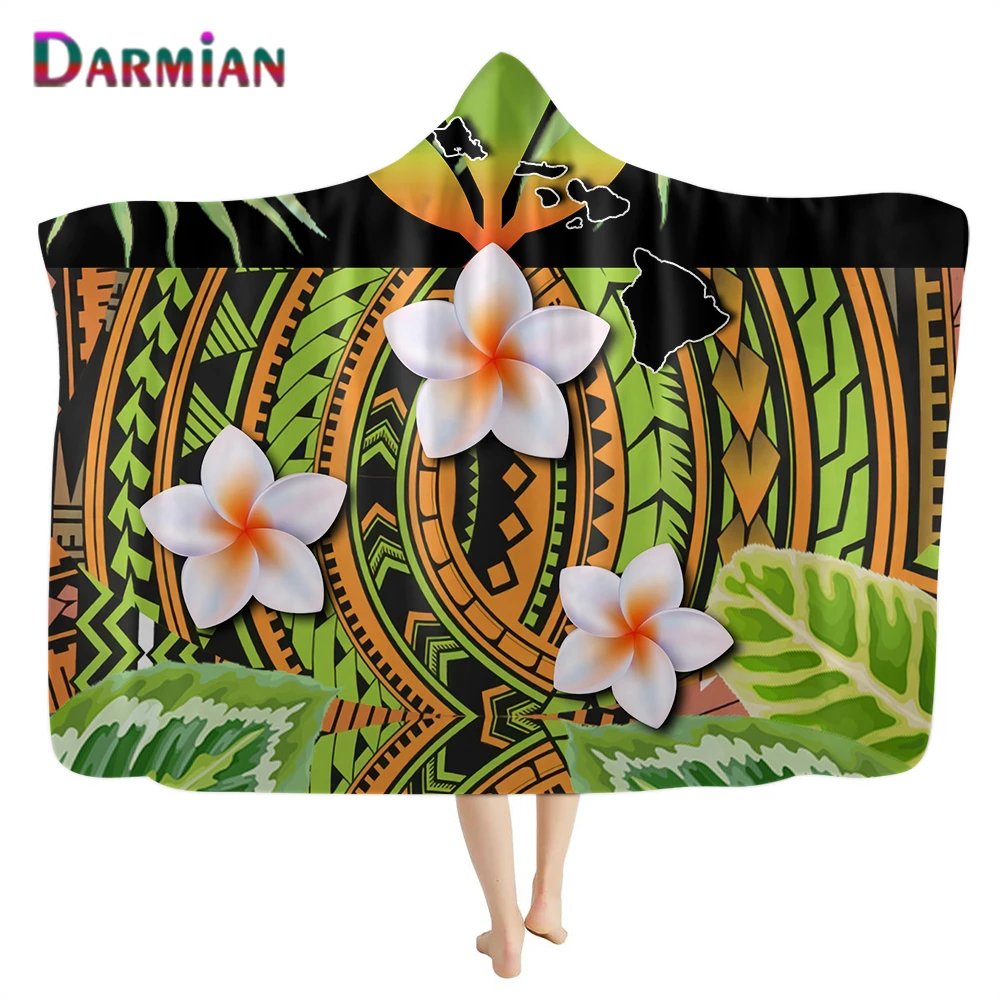 

DARMIAN Polynesian Tribe Plumeria Printed Sherpa Fleece Wearable Hooded Blanket for Adult Kids Home Sofa Bedroom Throw Blankets
