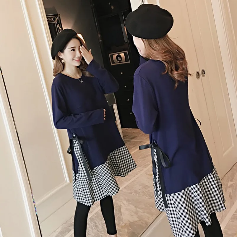 Лоскутная полосатая одежда для беременных Платье кормящих матерей осенняя