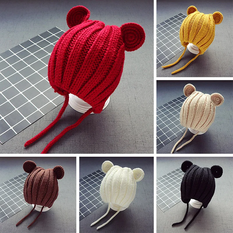 

New Winter Cartoon Bear Ears Knitted Hat Lace Up Kids Baby Beanie Cap for 1-3 Years Warm Cute White Black Bananas Beanies Yellow
