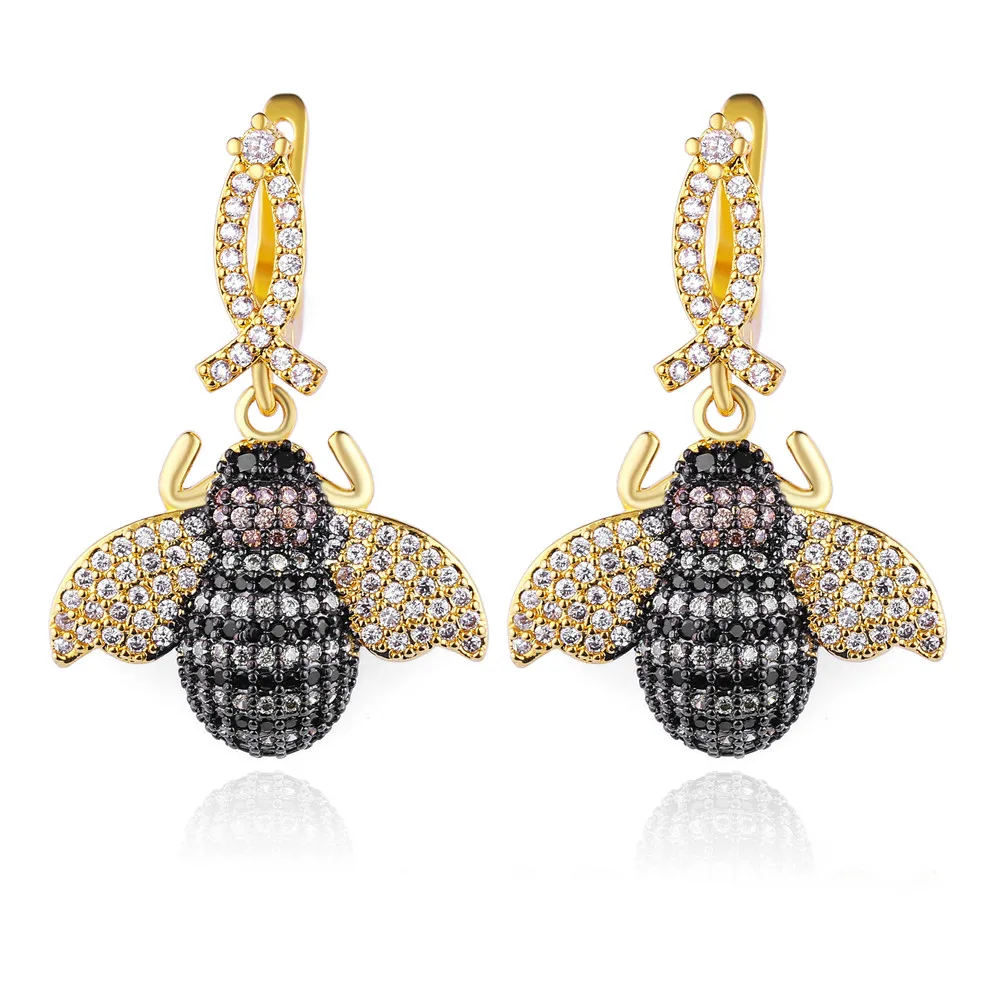Трендовые Роскошные Кристальные пчела, жук, серьги для женщин, Micro Pave CZ, Модные Позолоченные циркониевые серьги в виде насекомых, ювелирные изделия