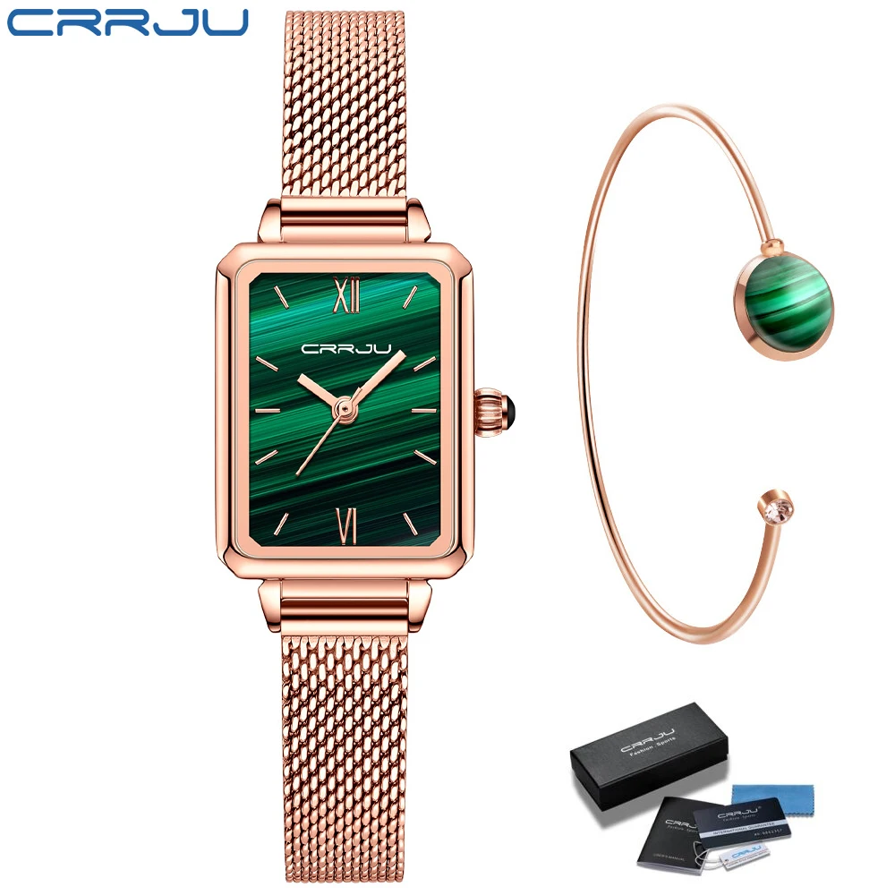 

Часы CRRJU женские с японским механизмом, брендовые роскошные стильные водонепроницаемые кварцевые наручные, с зеленым циферблатом, 2021