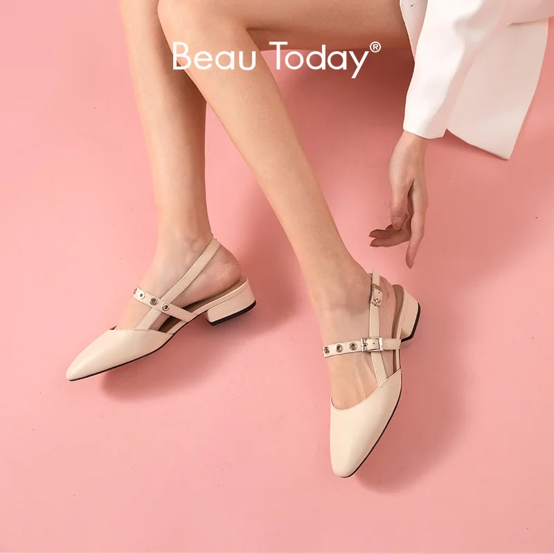 BeauToday Sandals Women Genuine Cow Leather Slingback Buckle Strap Round Toe Mid Heel Summer Ladies Shallow Shoes Handmade 31097