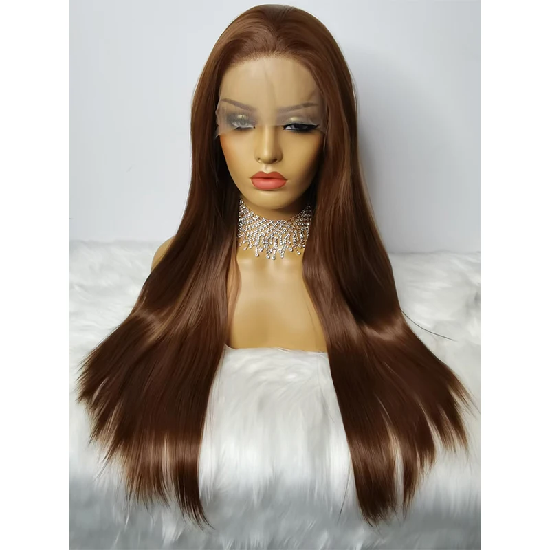 

26 дюймов 180% Плотность коричневый длинный прямой синтетический кружевной передний парик для женщин предварительно выщипанные термостойкие...