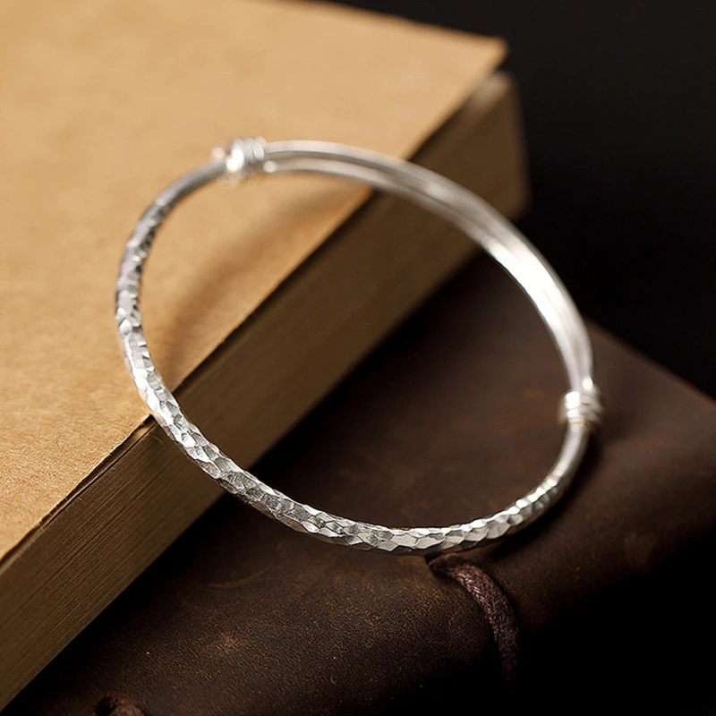 925 Sterling Silver Personality Plain Hammer Corrugated Solid Bracelet Simple Pit Push-pull Handmade Ladies | Украшения и