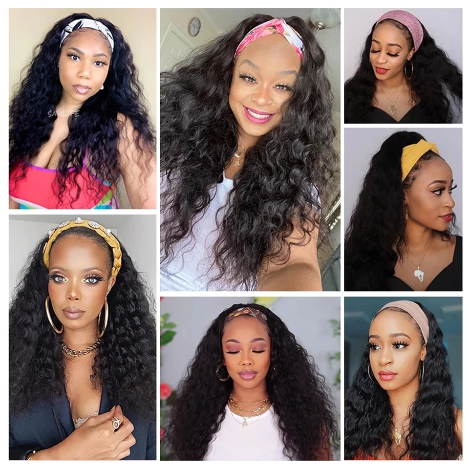 

Indian Hair Water Wave Headband Wig Glueless Human Hair Wigs for Black Women Remy Hair Natural Color Cheap Wigs Easy to Install