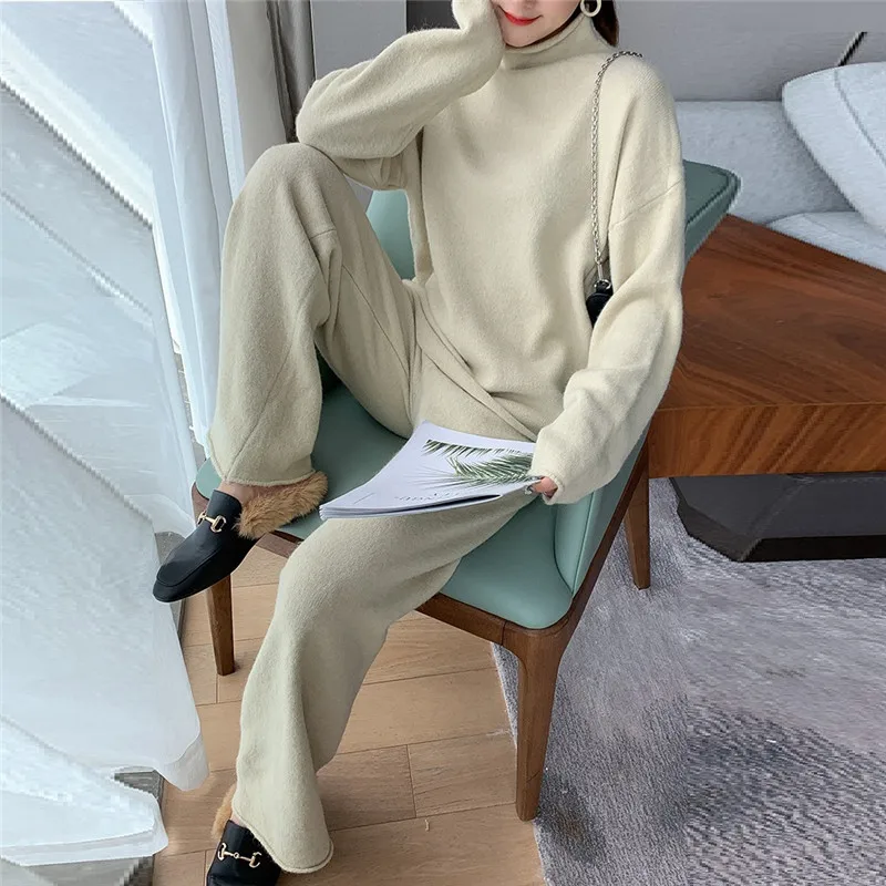 

CBAFU autumn winter women knitted 2 piece set tracksuits thick warm turtleneck loose pullovers sweater pants suits outfits N390