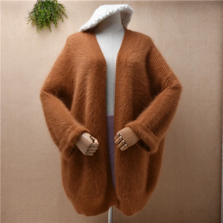 

female women autumn winter clothing hairy angora rabbit hair knitwear long sleeves loose long cardigan angora rabbit fur coat