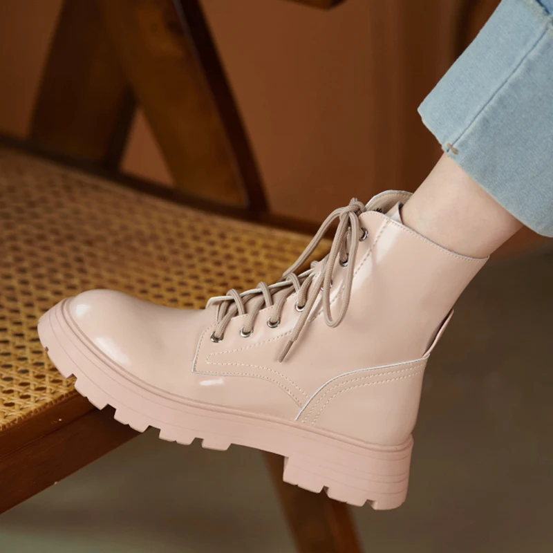 

Genuine Leather Round Toe Cross-tied Women Boots Autumn Winter Office Lady Female Boots Ankle Boots Platform Shoes Women Shoes