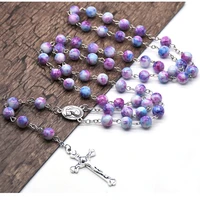 new fashion catholic handmade 8mm glass beads men women party cross rosary necklace fine accessories gift for unisex