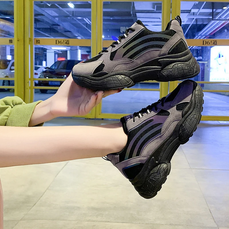 

Reflective Stripes Shoes Women Black Shoes Korean Designer Sneakers Female Chunky Platform Sneakers Chaussures Femme