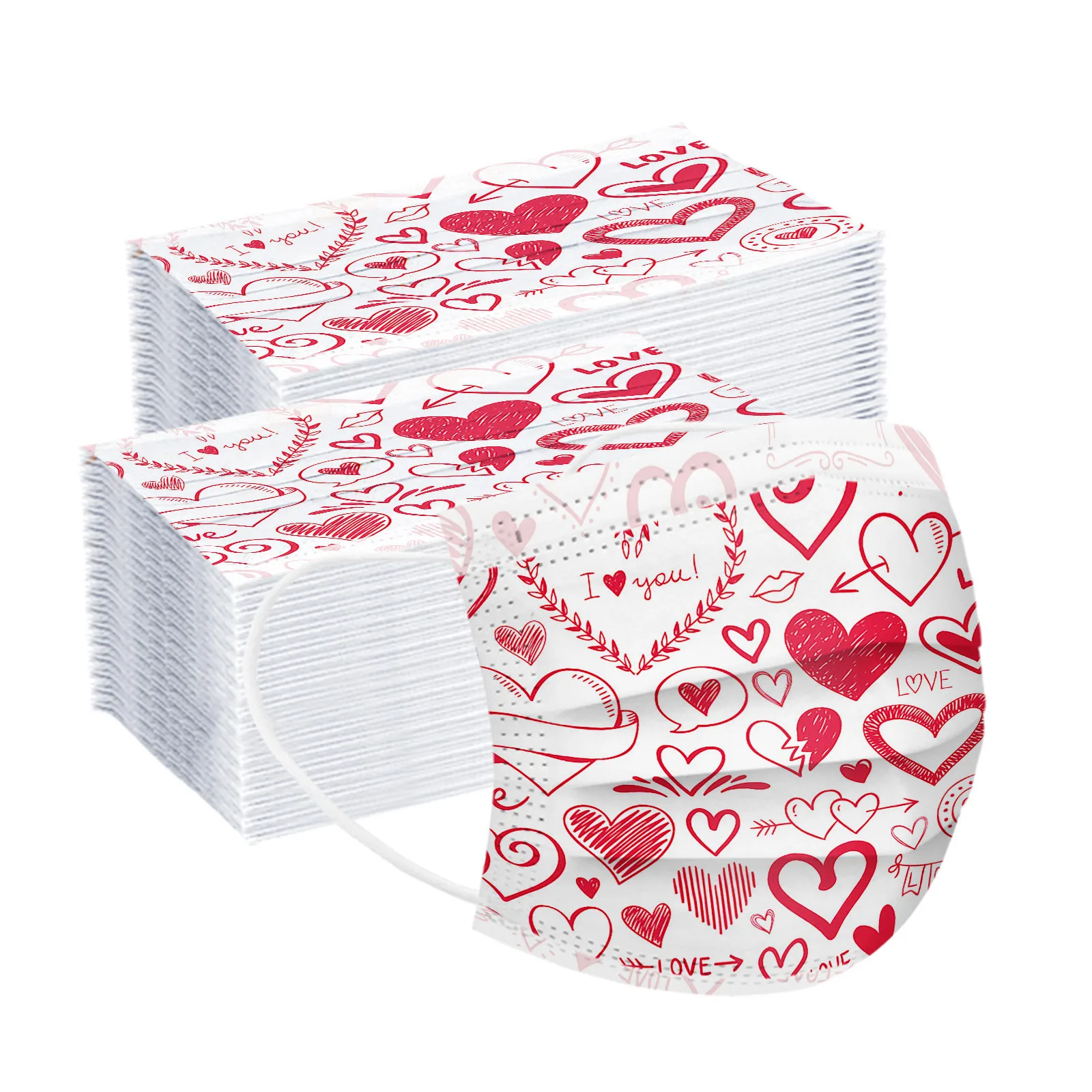

Face Protective Mask Headband 10PC/50PC/100PC Adult Valentine's Day Print Mask Disposable Face Mask 3Ply Ear Loop Mascarillas