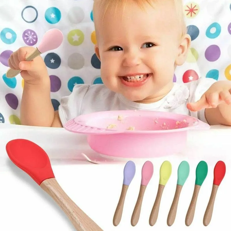 

Baby Soft Silicone Spoon Candy Color Safety Infant Learning Food Wood Spoons Children Kids Boy Girl Non-slip Feeding Plate Tools