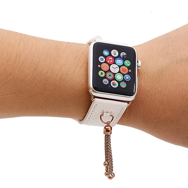 Ремешок для часов из натуральной кожи с адаптером для Apple Watch, 44 мм, 42 мм, серия 5, 4, 3, 2, 38 мм, ремешок с небольшими украшениями