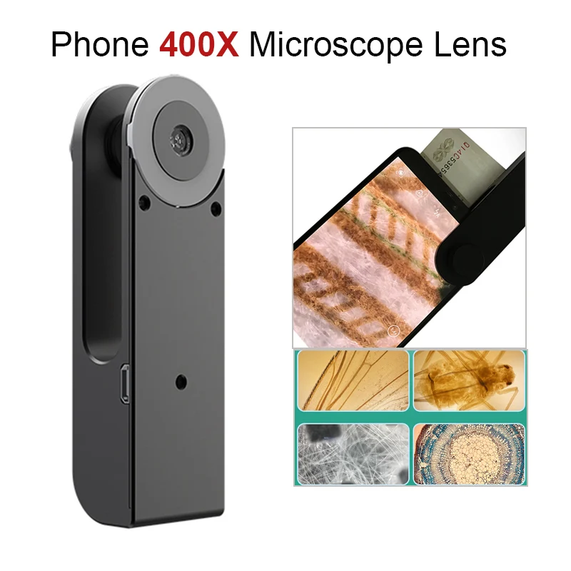 Lente de cámara HD 400X, lente de microscopio para iPhone, Android, teléfono Universal, luz LED de gran aumento, lupa de fácil uso