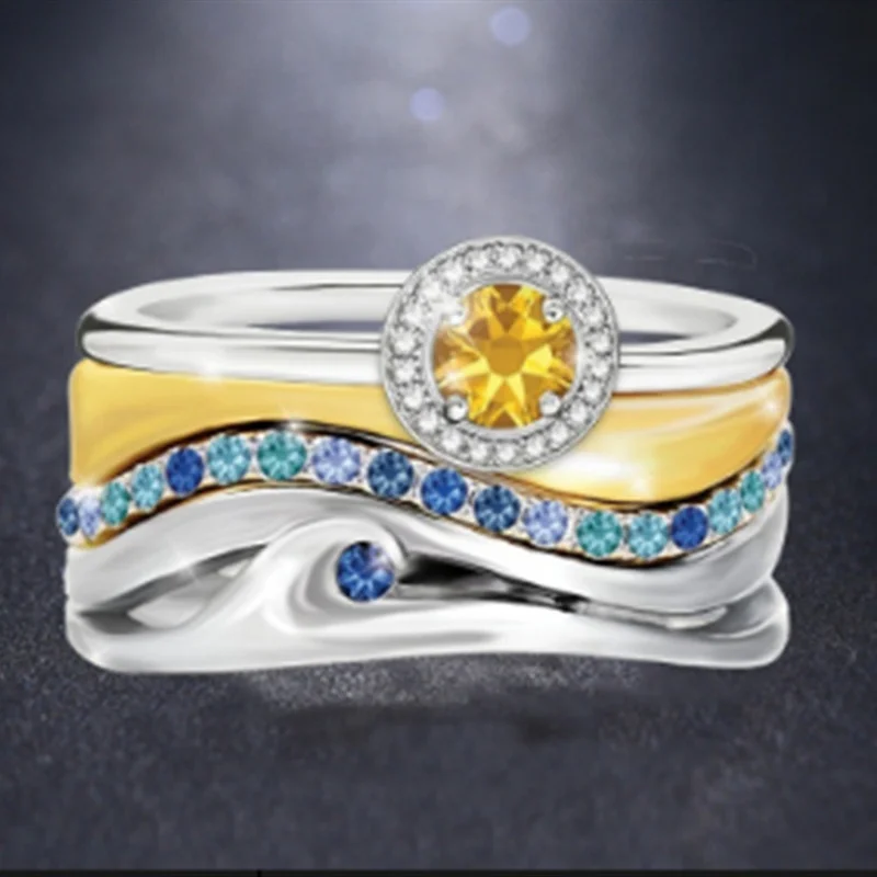 

3 Pcs/Set Round Yellow Zirconia Crystal Ring Set for Women Fashion Party Wedding Jewelry Accessories